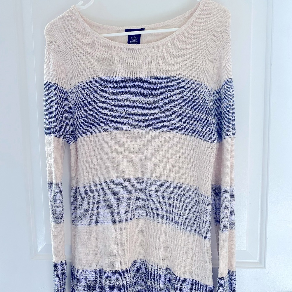 Calvin Klein cream and denim blue striped long sweater with silky sheer back